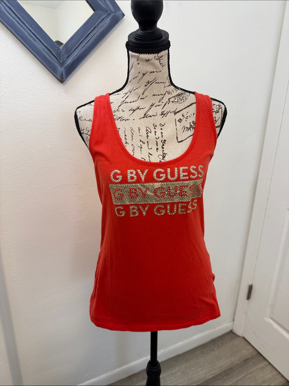 G by Guess Red Tank with Gold Logo Stripe